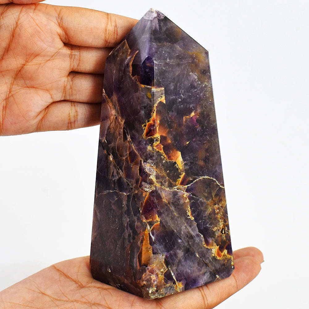 gemsmore:Amazing Genuine Chevron Amethyst Carved Healing Crystal Tower