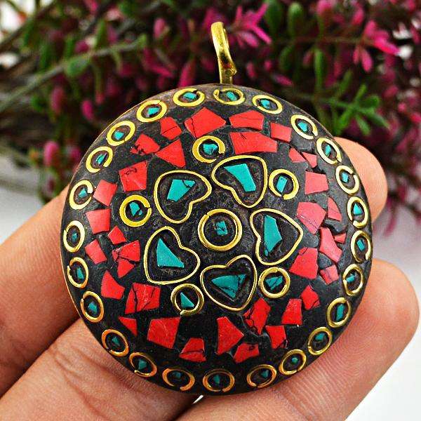 gemsmore:Amazing Genuine Coral & Turquoise Tibet Silver Pendat