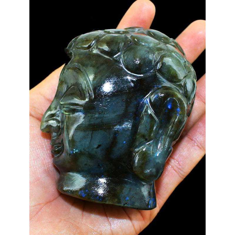 gemsmore:Amazing Genuine Labradorite Carved Lord Buddha Head Idol