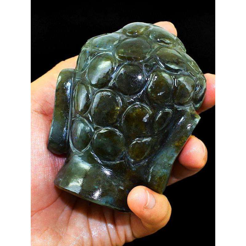 gemsmore:Amazing Genuine Labradorite Carved Lord Buddha Head Idol