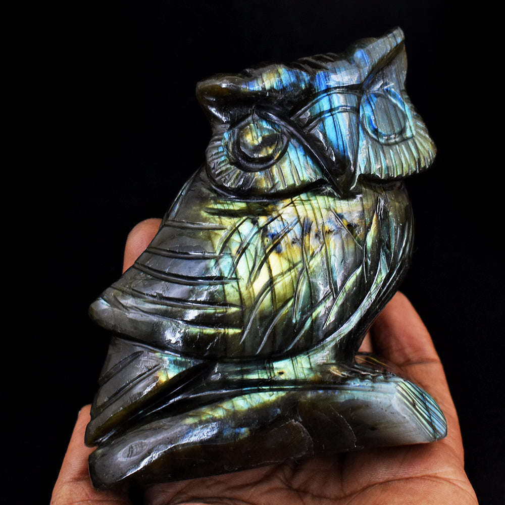 gemsmore:Amazing Golden & Blue Flash Labradorite Hand Carved Gemstone Owl