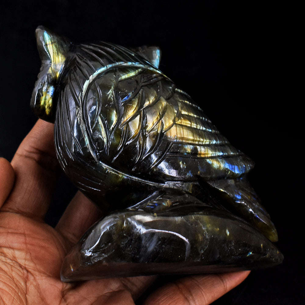 gemsmore:Amazing Golden & Blue Flash Labradorite Hand Carved Gemstone Owl