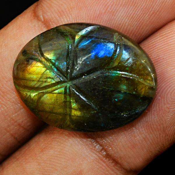 gemsmore:Amazing Golden & Blue Flash Labradorite Oval Shape Flower Carved Loose Gemstone