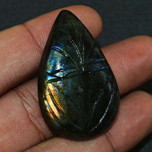 gemsmore:Amazing Golden & Blue Labradorite Pear Shape Carved Loose Gemstone