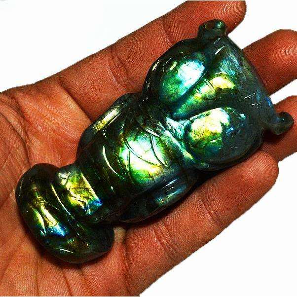 gemsmore:Amazing Golden Flash Labardorite Hand Carved Gemstone Owl