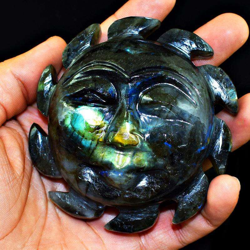 gemsmore:Amazing Golden Flash Labradorite Carved Sun Face