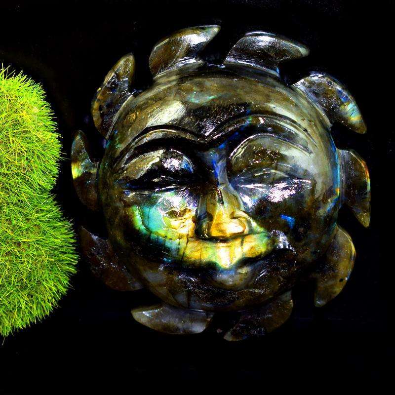 gemsmore:Amazing Golden Flash Labradorite Carved Sun Face
