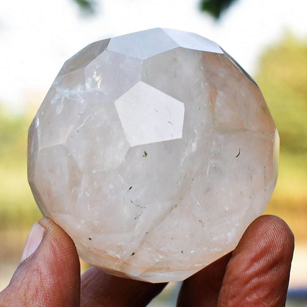 gemsmore:Amazing Golden Rutile Quartz Hand Carved Crystal Checkers Cut Healing Sphere