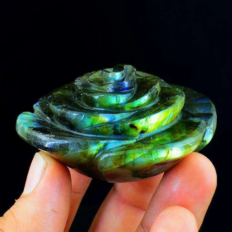 gemsmore:Amazing Green Flash Labradorite Hand Carved Rose