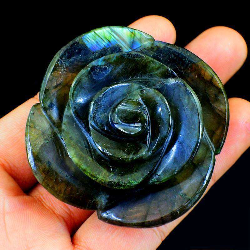 gemsmore:Amazing Green Flash Labradorite Hand Carved Rose