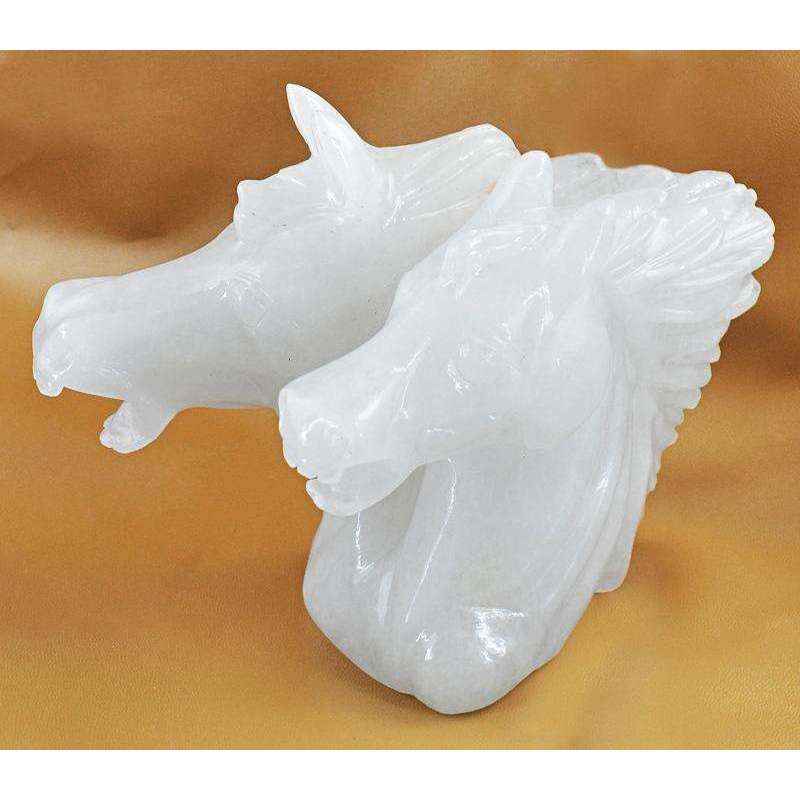 gemsmore:Amazing Hand Carved White Quartz Twin Horse Head