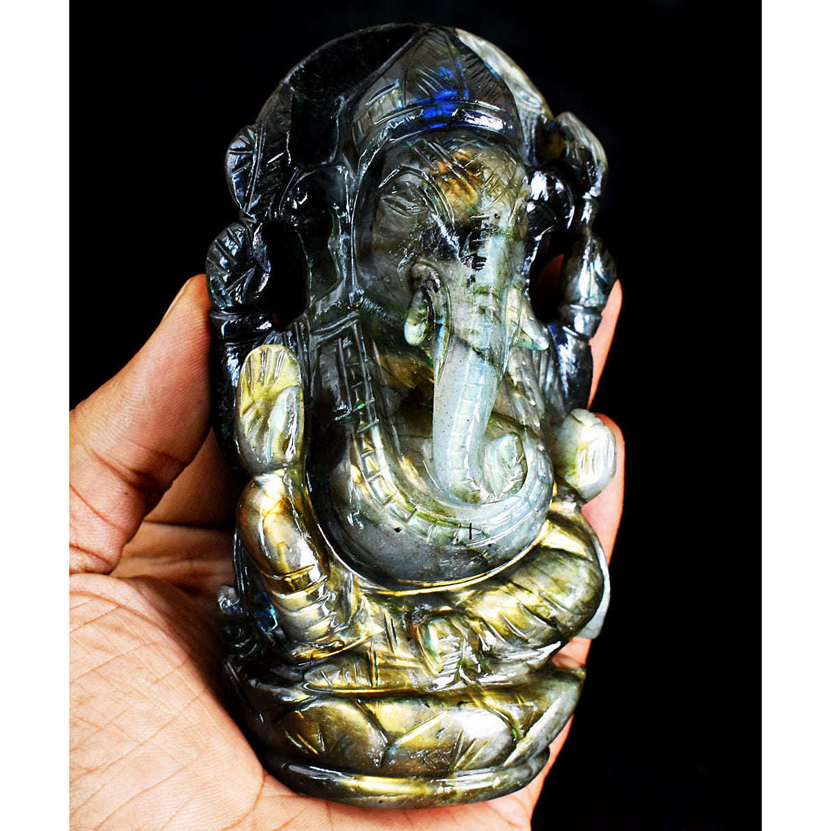 gemsmore:Amazing  Labradorite Hand Carved Genuine Crystal Gemstone Carving Lord Ganesha