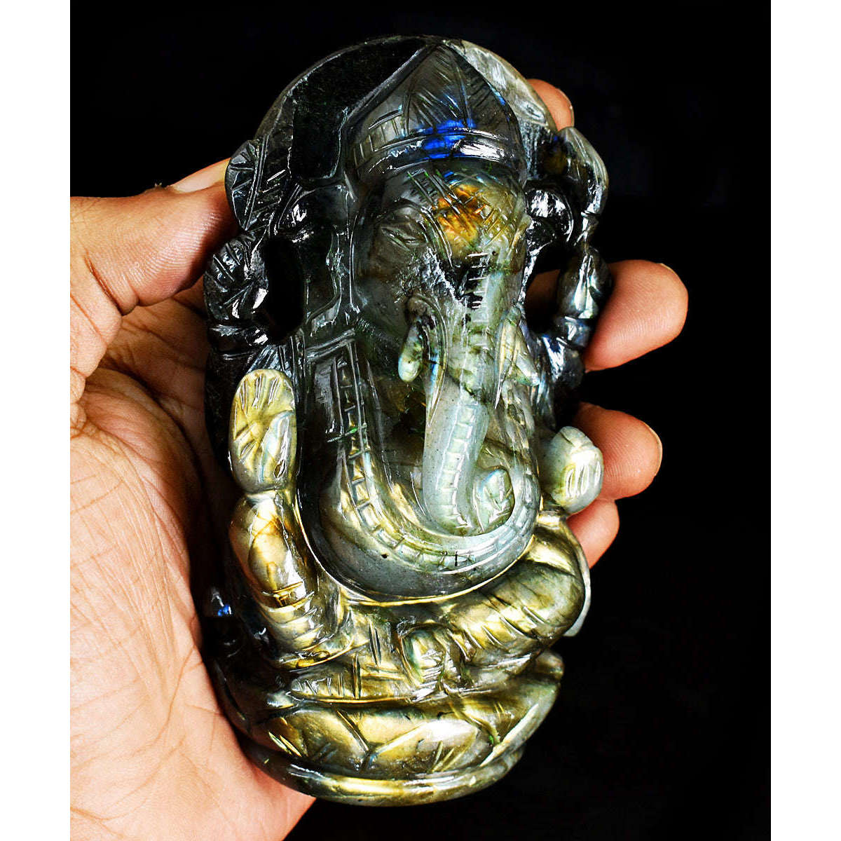 gemsmore:Amazing  Labradorite Hand Carved Genuine Crystal Gemstone Carving Lord Ganesha