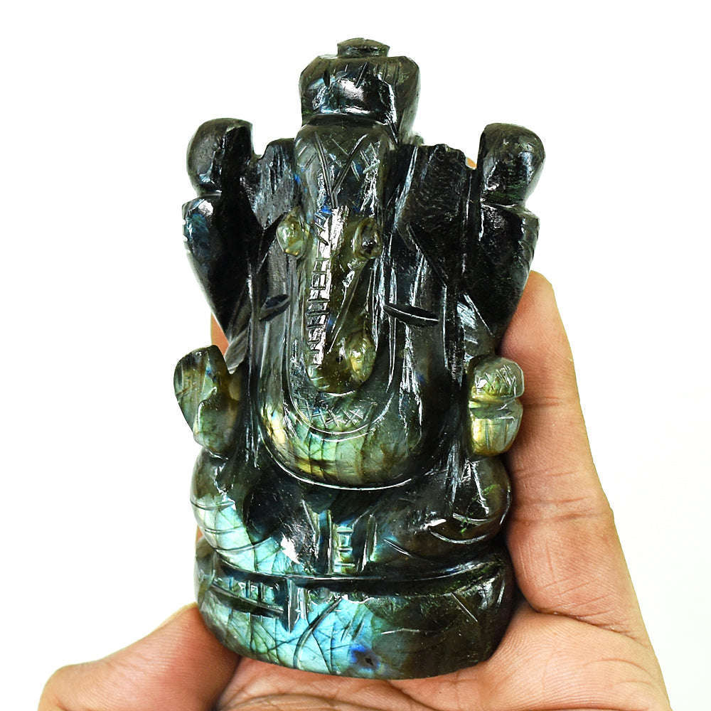 gemsmore:Amazing Labradorite Hand Carved Genuine Crystal Gemstone Carving Lord Ganesha