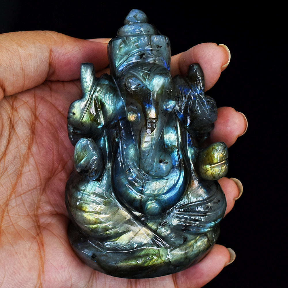 gemsmore:Amazing Labradorite Hand Carved Genuine Crystal Gemstone Carving Lord Ganesha