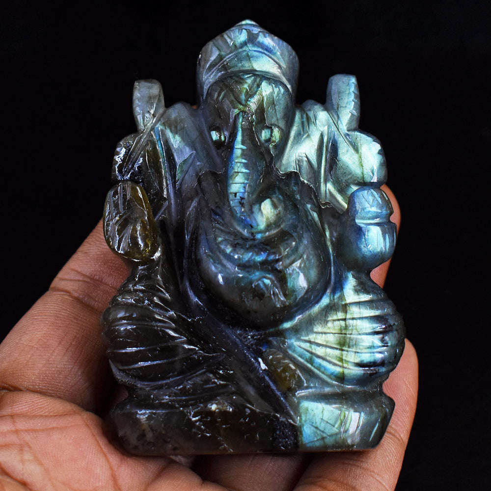 gemsmore:Amazing Labradorite Hand Carved Genuine Crystal Gemstone Carving Lord Ganesha
