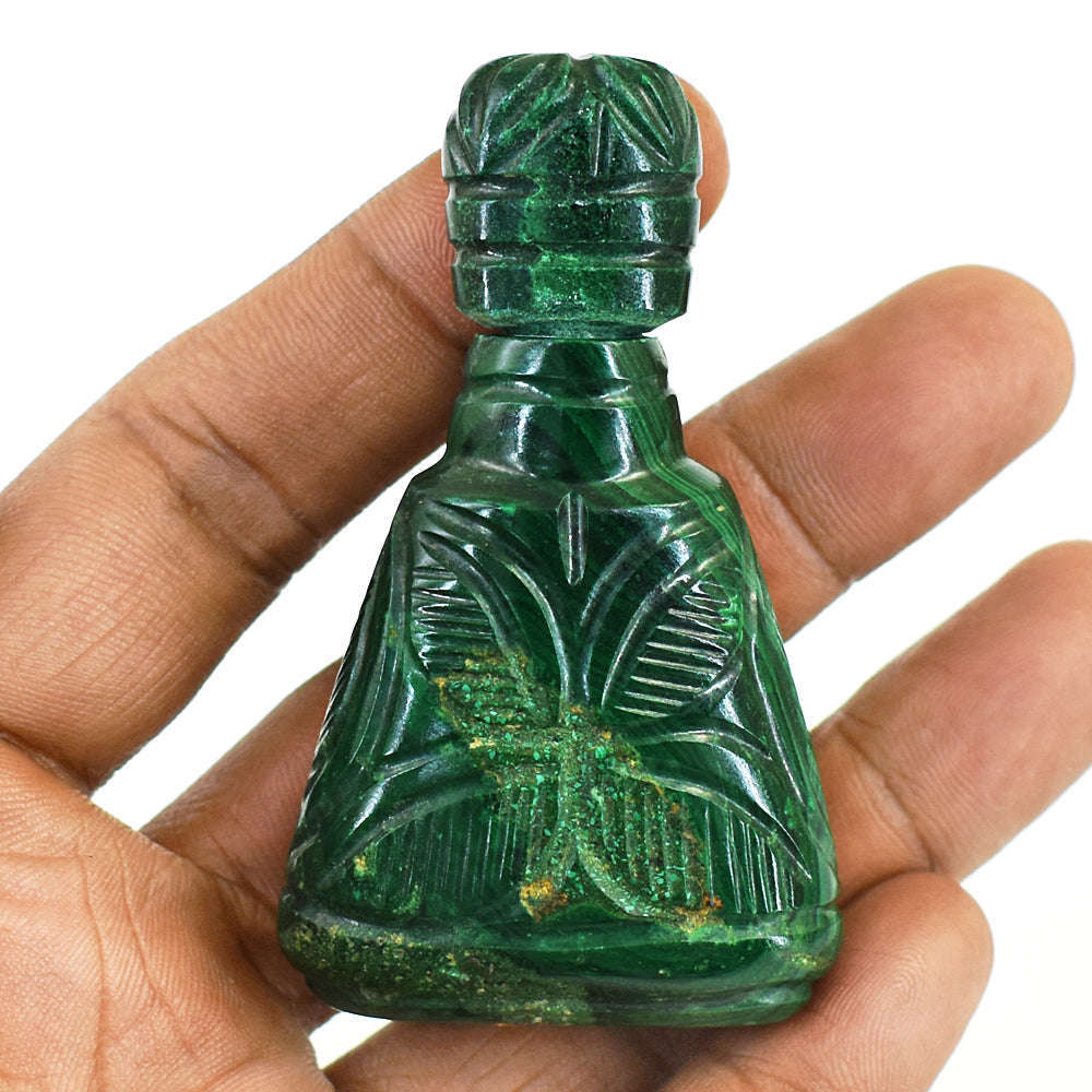 gemsmore:Amazing Malachite Hand Carved Genuine Crystal Gemstone Carving Perfume Bottle