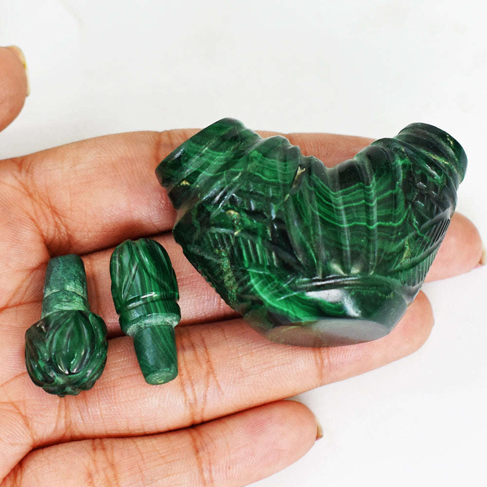 gemsmore:Amazing Malachite Hand Carved Genuine Crystal Gemstone Carving Twin Perfume Bottle
