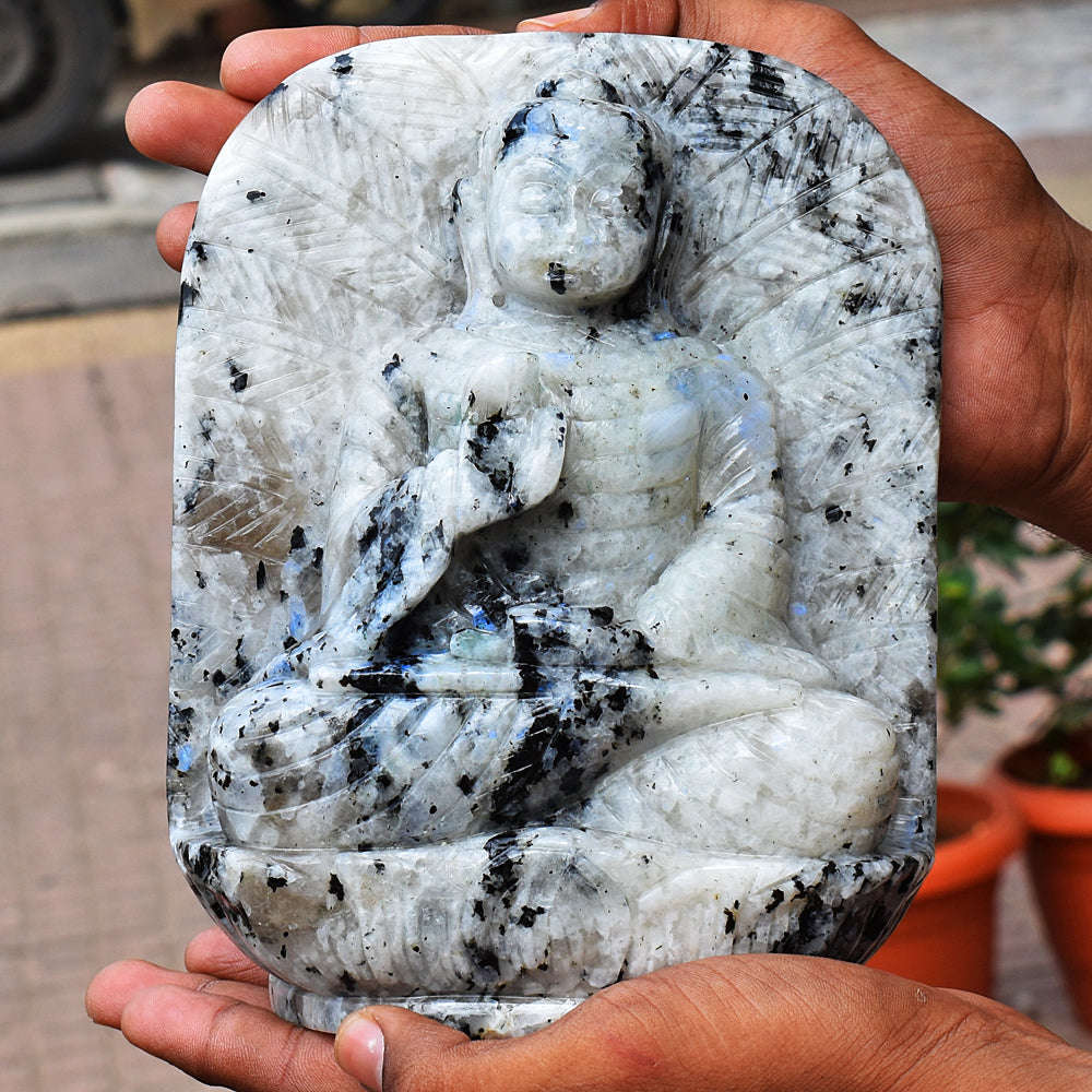gemsmore:Amazing Moonstone Hand Carved Genuine Crystal Gemstone Carving Leaf Palm Lord Buddha