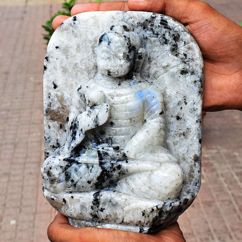 gemsmore:Amazing Moonstone Hand Carved Genuine Crystal Gemstone Carving Leaf Palm Lord Buddha
