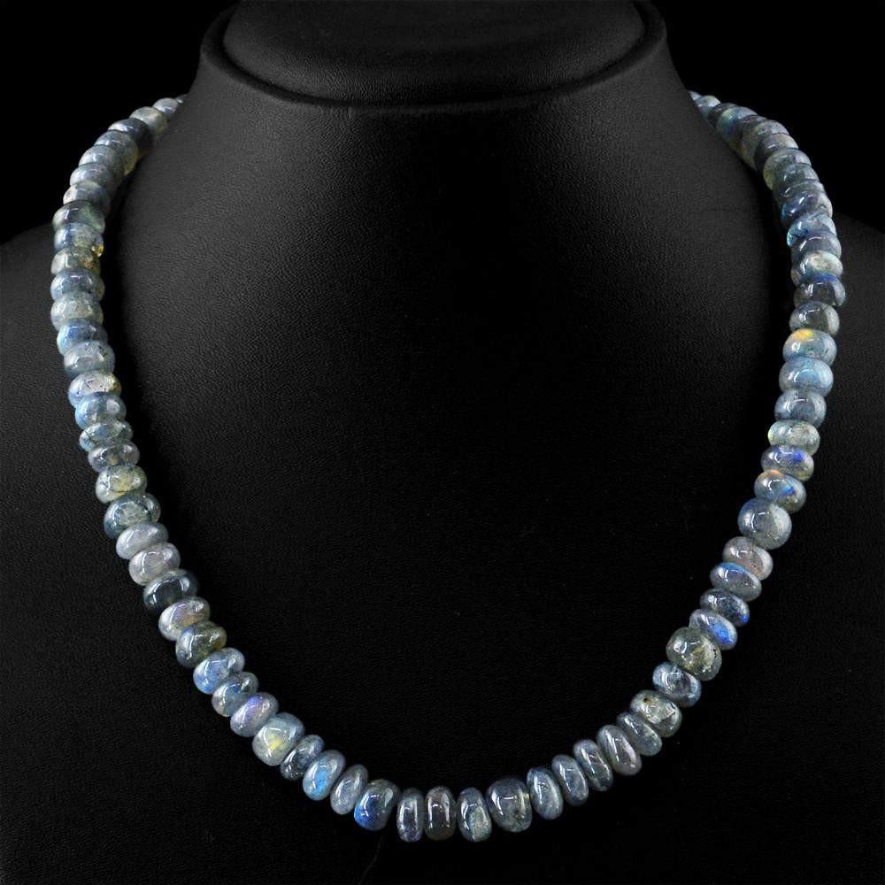 gemsmore:Amazing Natural Blue Flash Labradorite Necklace Round Shape Untreated Beads