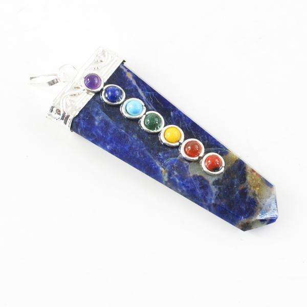 gemsmore:Amazing Natural Blue Sodalite Seven Chakra Healing Wand Pendant