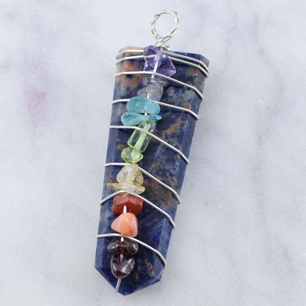 gemsmore:Amazing Natural Blue Sodalite Seven Chakra Healing Wand Pendant