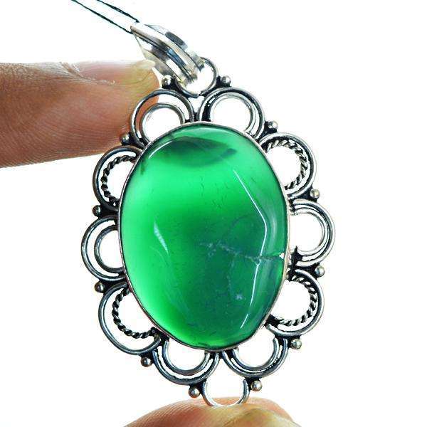 gemsmore:Amazing Natural Oval Shape Green Onyx Tibet Silver Pendant