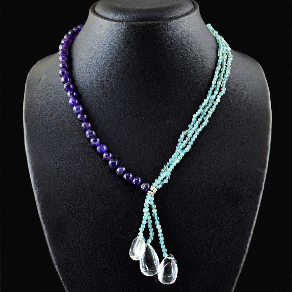 gemsmore:Amazing Natural Purple Amethyst & Blue Apatite Necklace Round Shape Beads