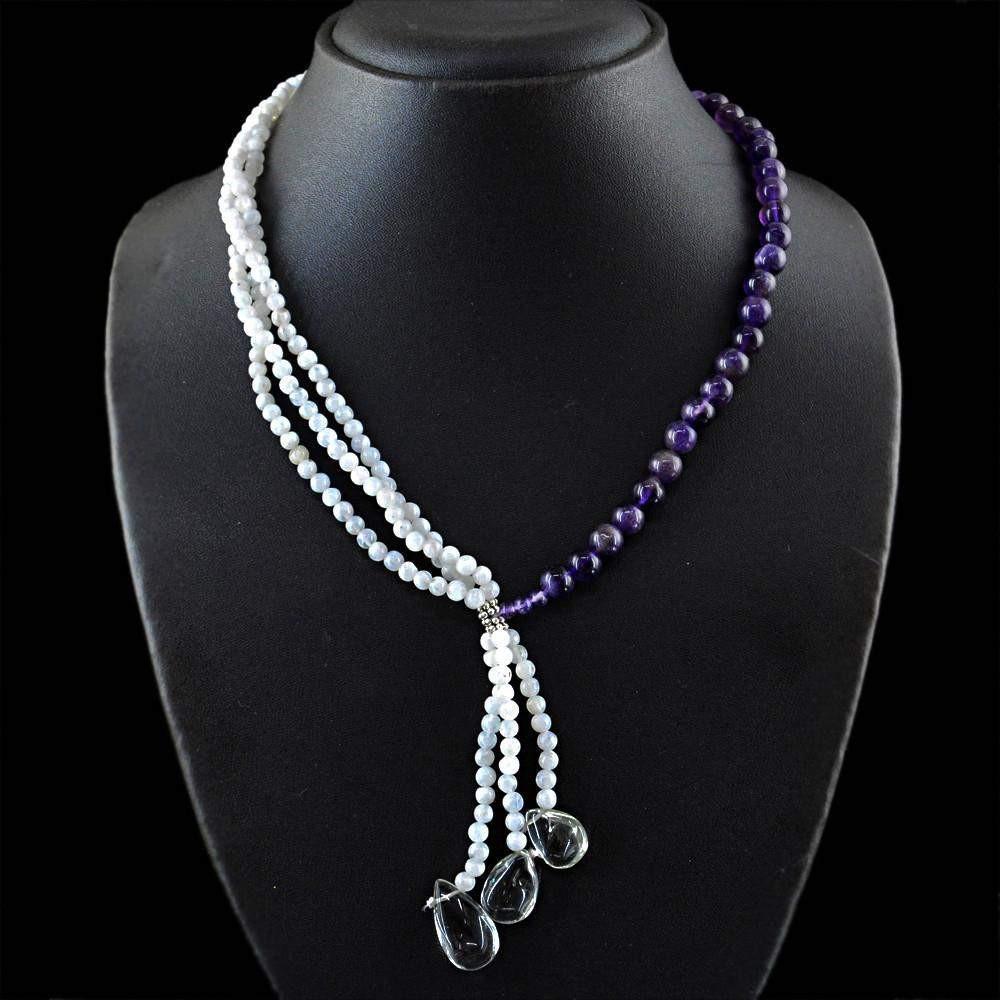 gemsmore:Amazing Natural Purple Amethyst & Blue Flash Moonstone Necklace
