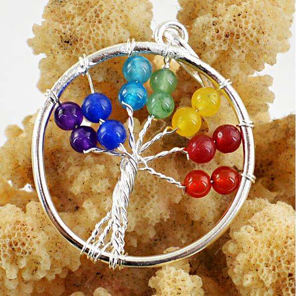 gemsmore:Amazing Natural Seven Chakra Round Shape Healing Tree Pendant