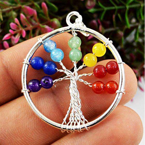 gemsmore:Amazing Natural Seven Chakra Round Shape Healing Tree Pendant