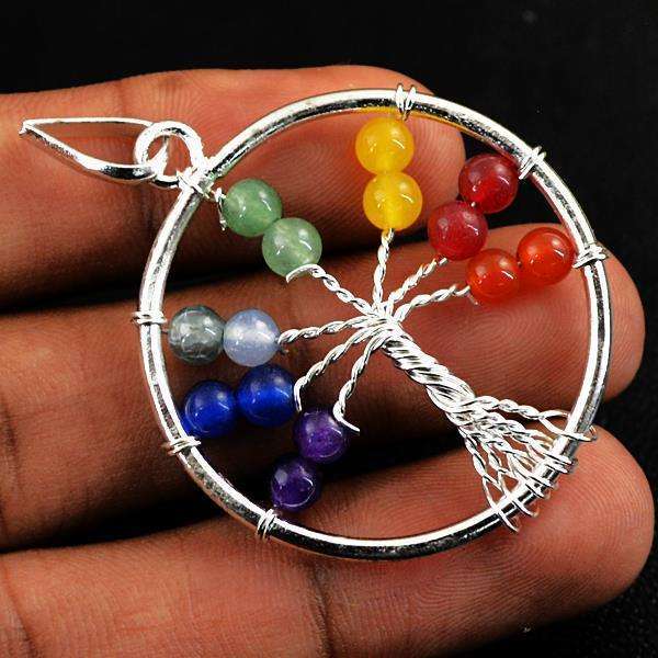 gemsmore:Amazing Natural Seven Chakra Round Shape Healing Tree Pendant