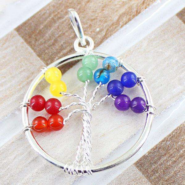 gemsmore:Amazing Natural Seven Chakra Round Shape Healing Tree Pendant