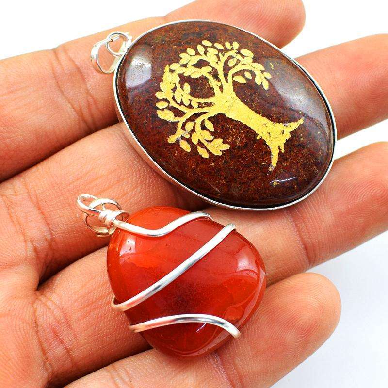 gemsmore:Amazing Orange Carnelian & Red Jasper Tree Pendant Lot