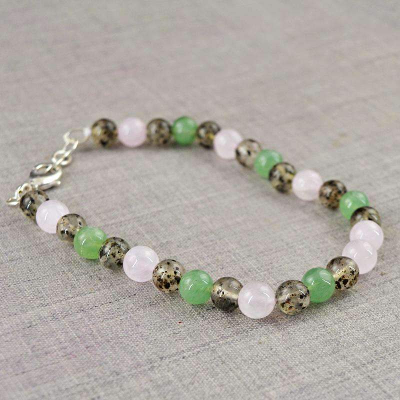 gemsmore:Amazing Pink Rose Quartz & Green Aquamarine Bracelet Natural Round Shape Beads