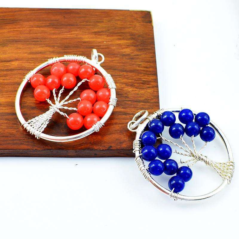 gemsmore:Amazing Red & Blue Onyx Round Shape Healing Tree Pendant Lot