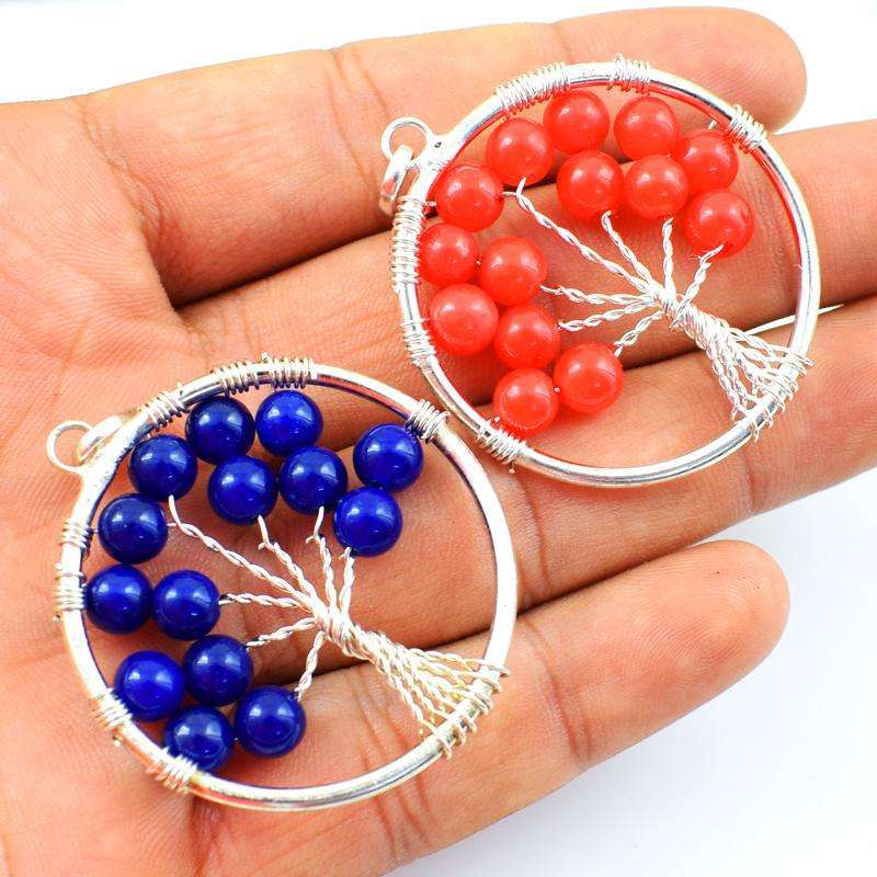 gemsmore:Amazing Red & Blue Onyx Round Shape Healing Tree Pendant Lot