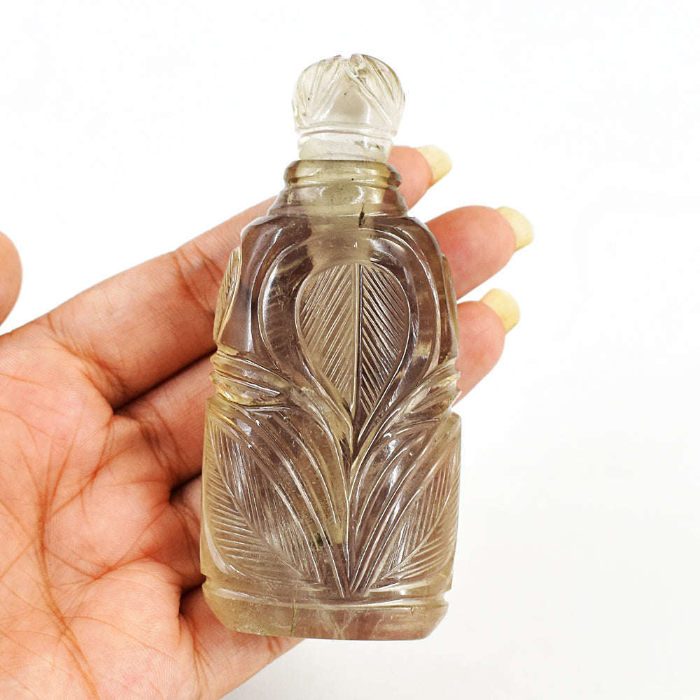 gemsmore:Amazing Smoky Quartz  Hand Carved Genuine Crystal Gemstone Carving Perfume Bottle