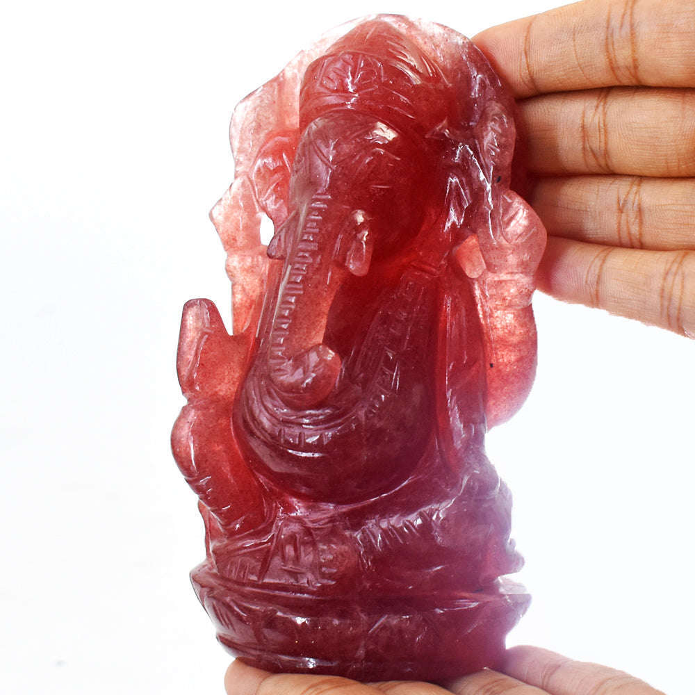 gemsmore:Amazing  Strawberry Quartz  Hand Carved Idol Lord Ganesha