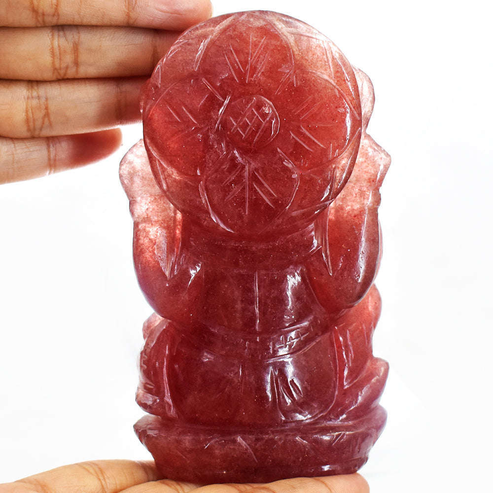 gemsmore:Amazing  Strawberry Quartz  Hand Carved Idol Lord Ganesha