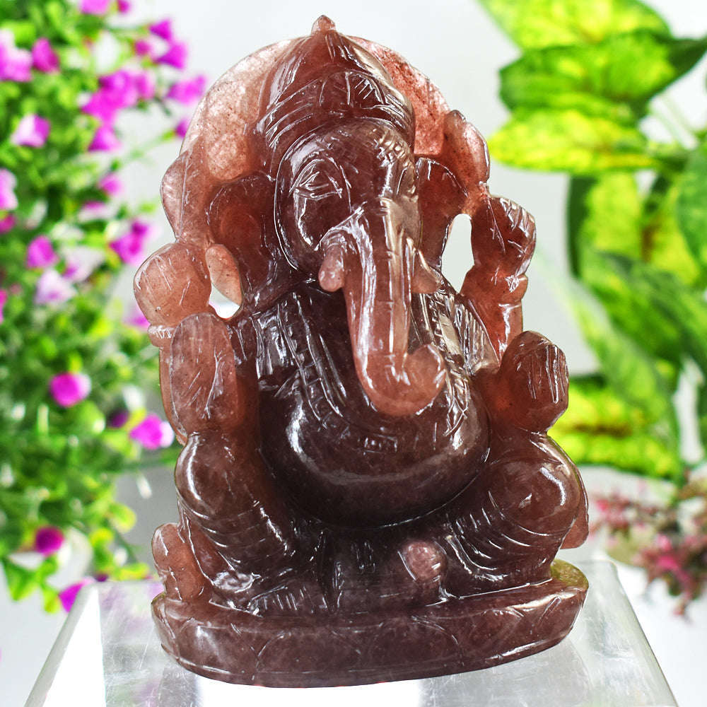 gemsmore:Amazing Strawberry Quartz  Hand Carved Idol Lord Ganesha