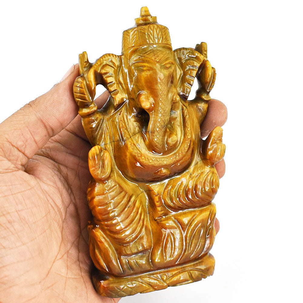 gemsmore:Amazing Tiger Eye Hand Carved Genuine Crystal Gemstone Carving Lord Ganesha