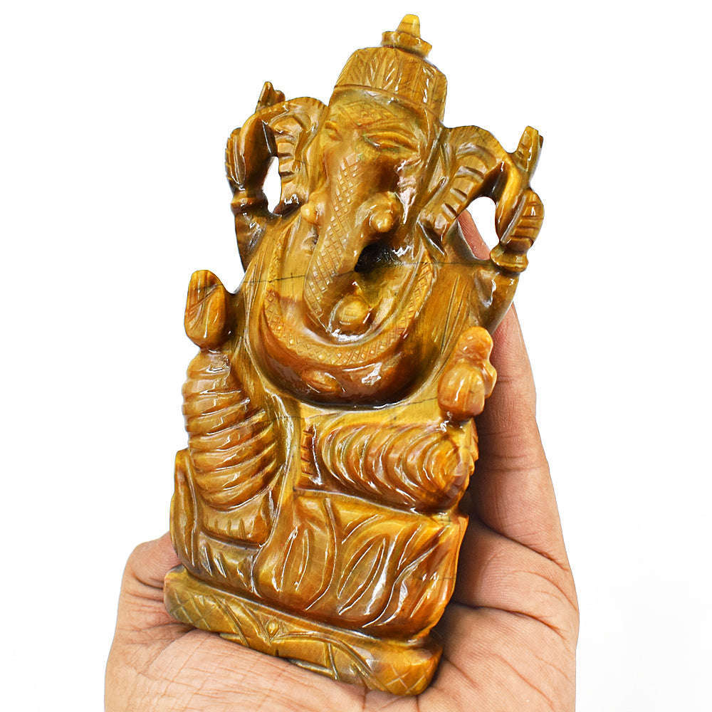 gemsmore:Amazing Tiger Eye Hand Carved Genuine Crystal Gemstone Carving Lord Ganesha
