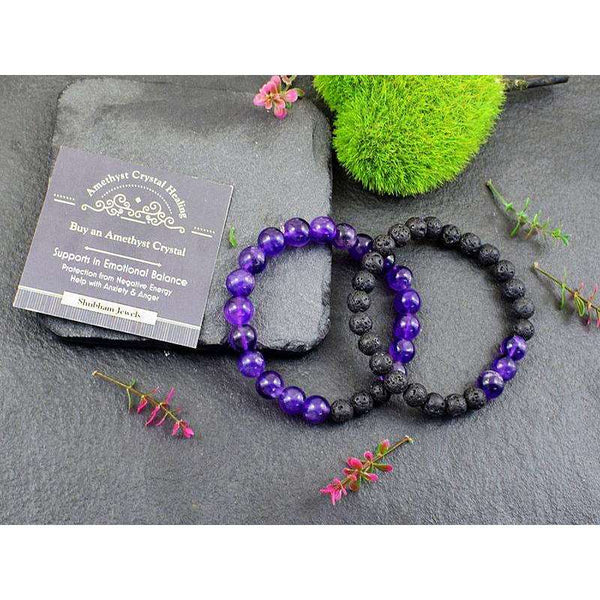 gemsmore:Amethyst & Lava Beads Gemstone Bracelets Pair - Free Size