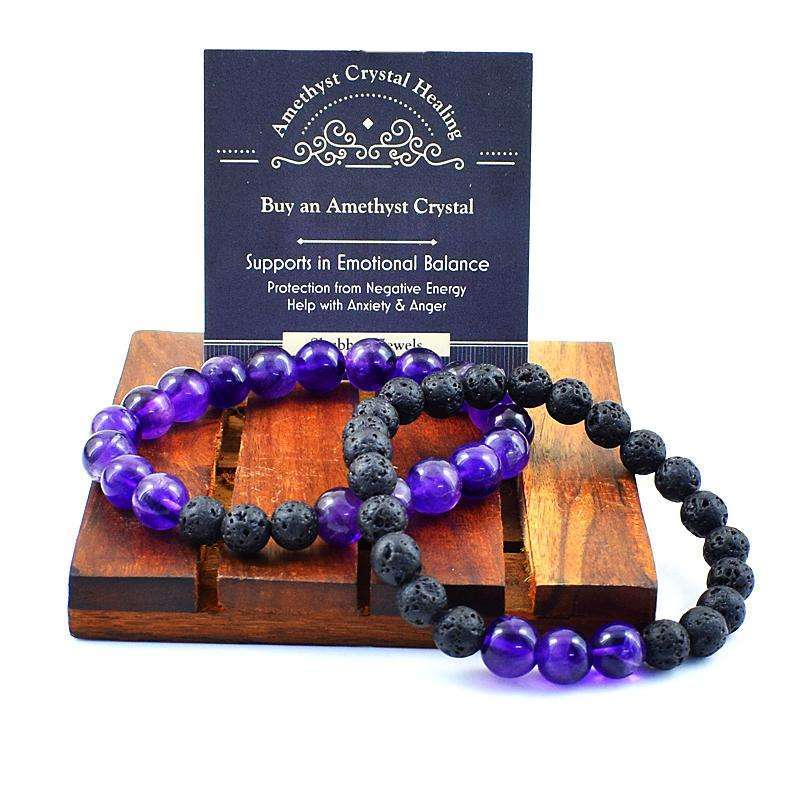 gemsmore:Amethyst & Lava Beads Gemstone Bracelets Pair - Free Size