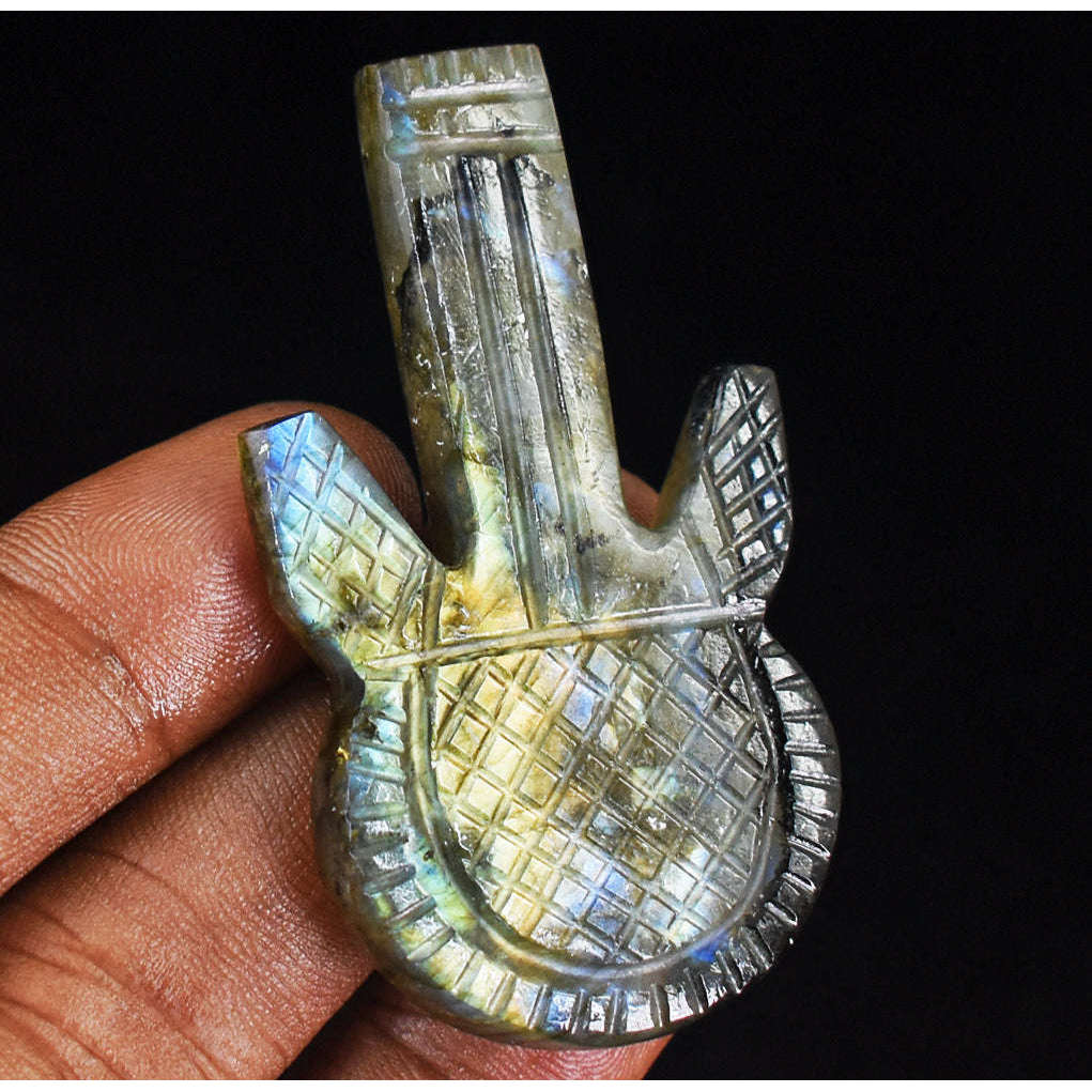 gemsmore:Artisian 83 Carats Genuine Golden & Blue Flash Labradorite Carved Guitar Gemstone