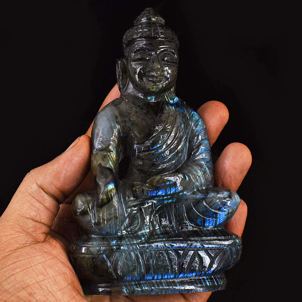 gemsmore:Artisian Amazing Flash Labradorite Hand Carved Genuine Crystal Gemstone Carving Lord Buddha