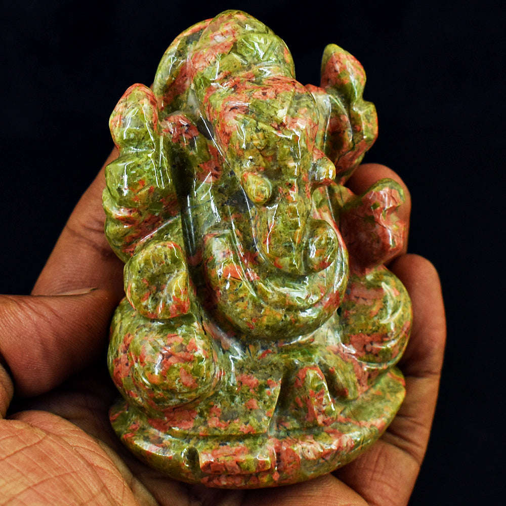 gemsmore:Artisian Blood Green Unakite Hand Carved Genuine Crystal Gemstone Carving Lord Ganesha