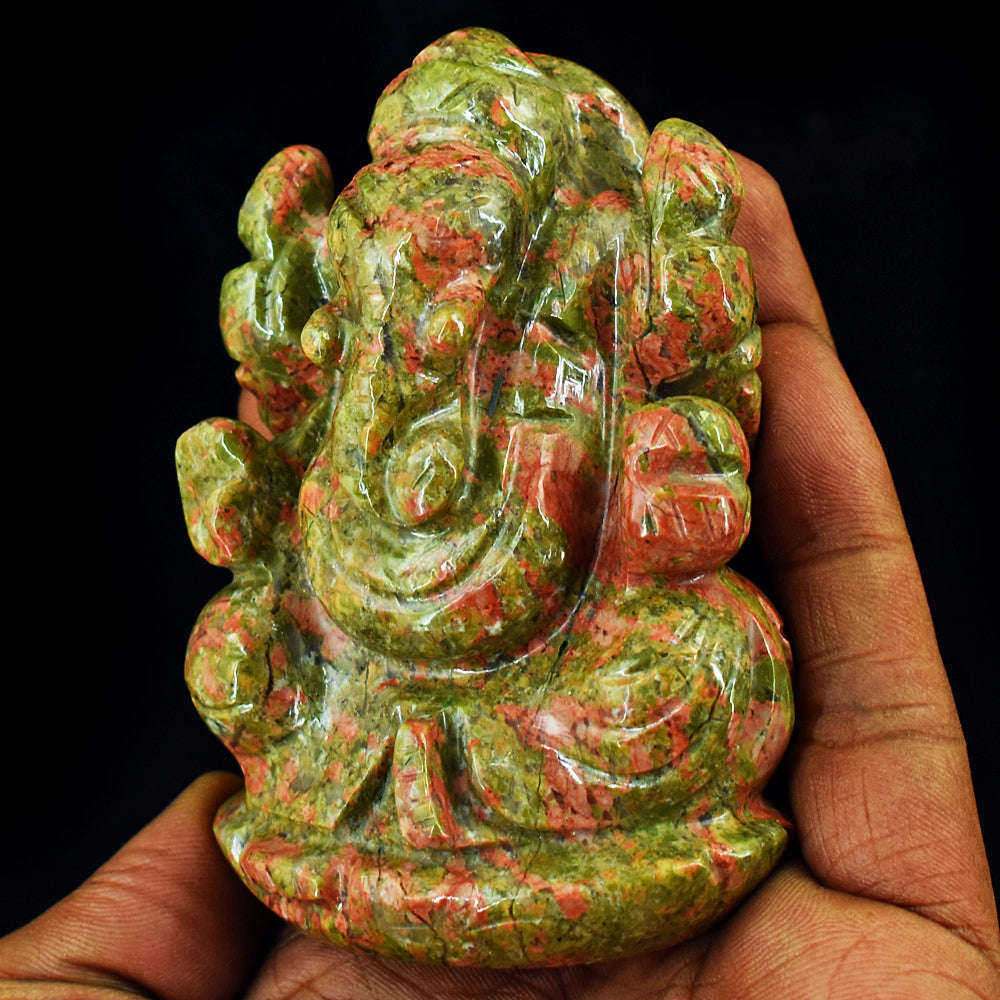 gemsmore:Artisian Blood Green Unakite Hand Carved Genuine Crystal Gemstone Carving Lord Ganesha